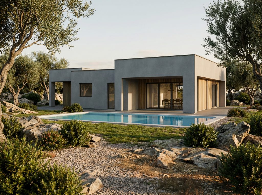 Biholz Casa Sirmione con intonaco grigio e legno - 001